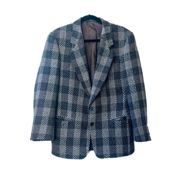 STUDIO MILANO Blazer Pure New Wool Checked Stripes Gray White Black Men's Medium - Picture 1 of 10